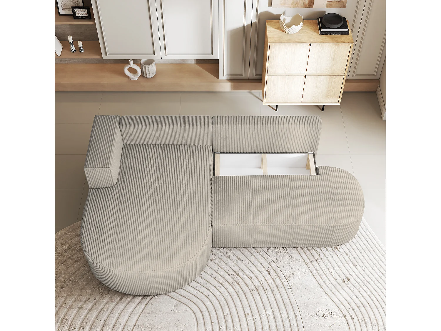 Canapé d'angle CORTIO Crème en velours côtelé avec fonction de couchage