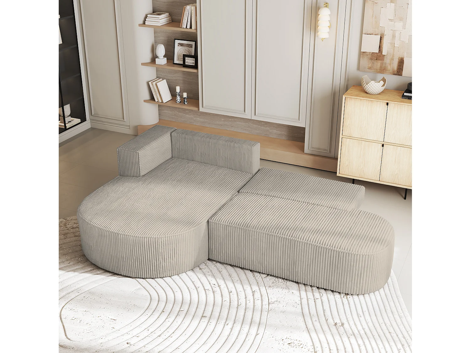 Canapé d'angle CORTIO Crème en velours côtelé avec fonction de couchage