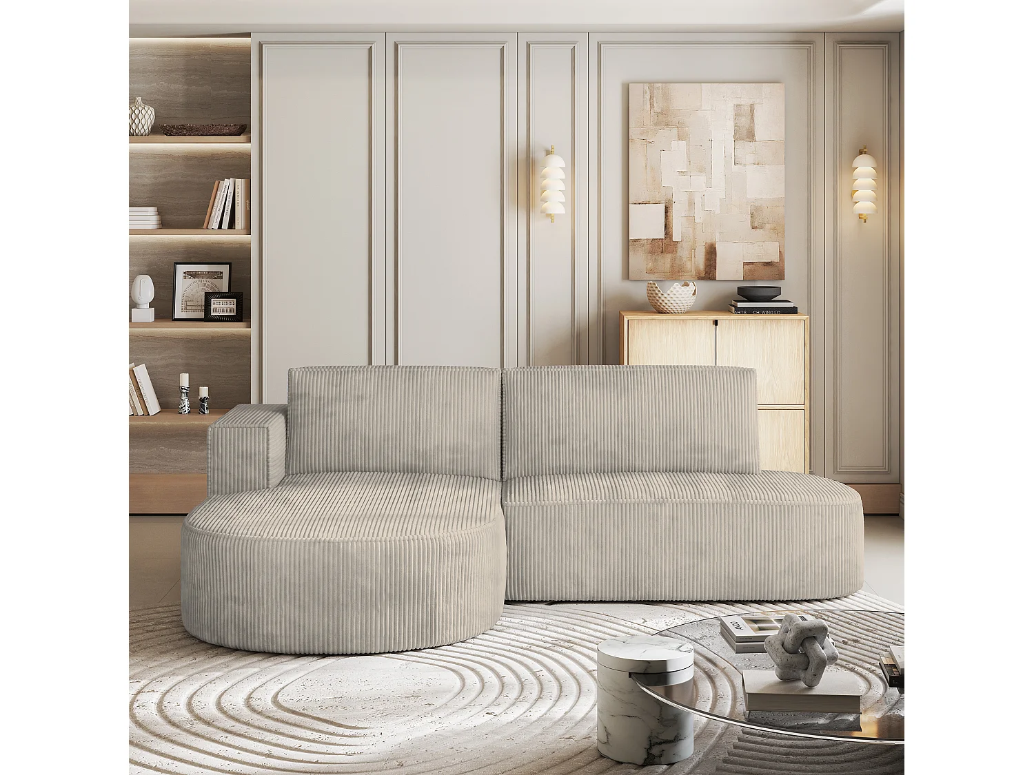 Canapé d'angle CORTIO Crème en velours côtelé avec fonction de couchage