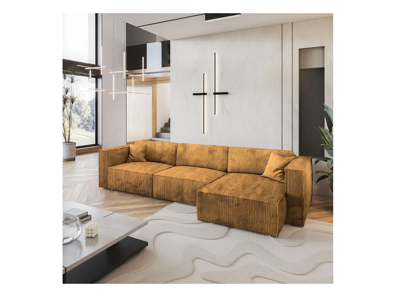 Canapé d'angle TOLMO Jaune en velours côtelé avec fonction de couchage