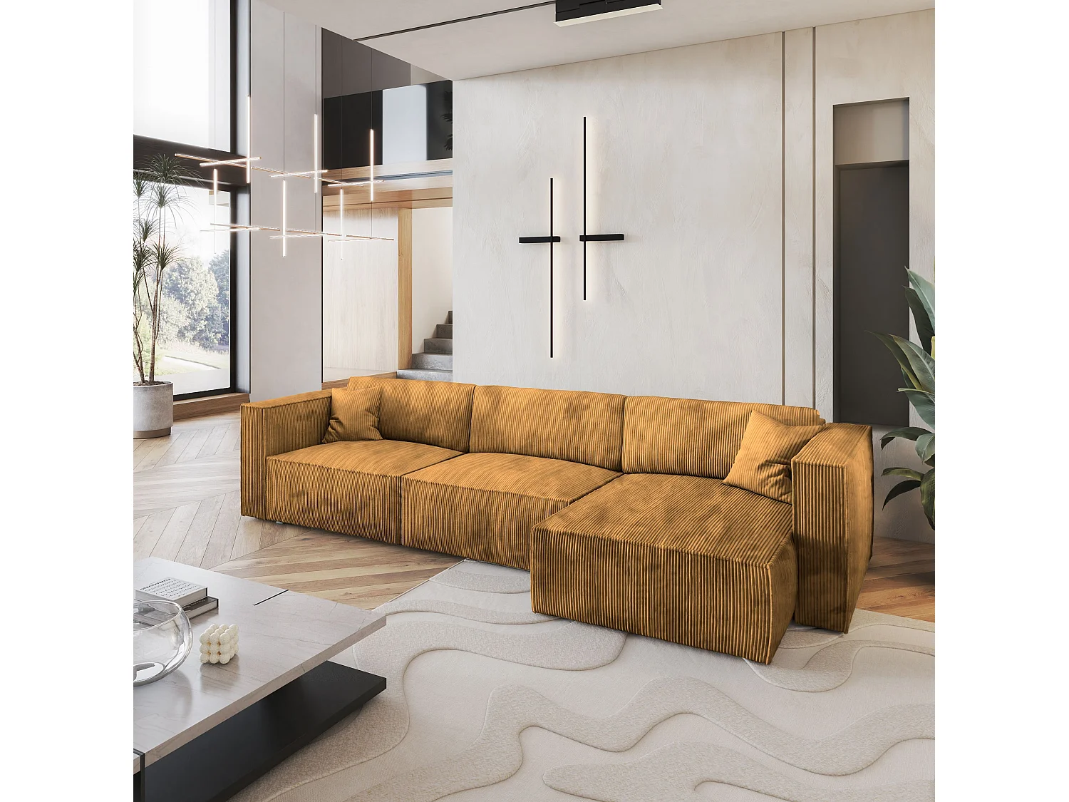 Canapé d'angle TOLMO Jaune en velours côtelé avec fonction de couchage