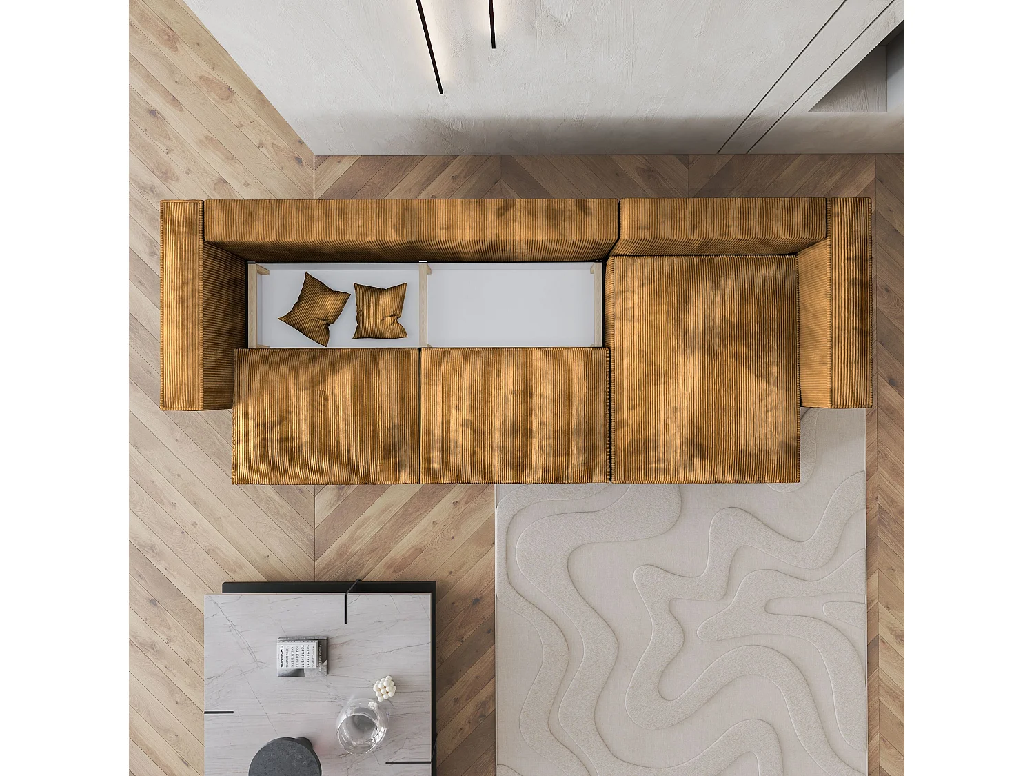 Canapé d'angle TOLMO Jaune en velours côtelé avec fonction de couchage