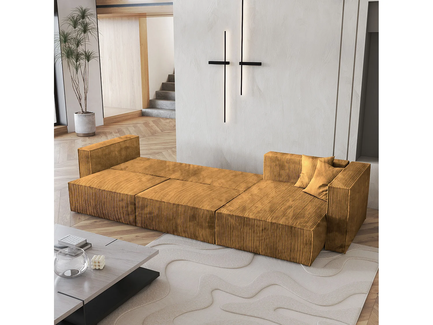 Canapé d'angle TOLMO Jaune en velours côtelé avec fonction de couchage