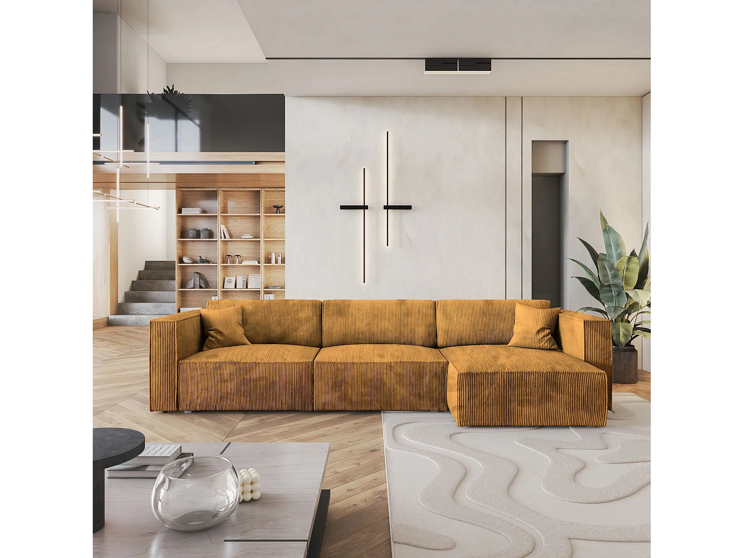 Canapé d'angle TOLMO Jaune en velours côtelé avec fonction de couchage