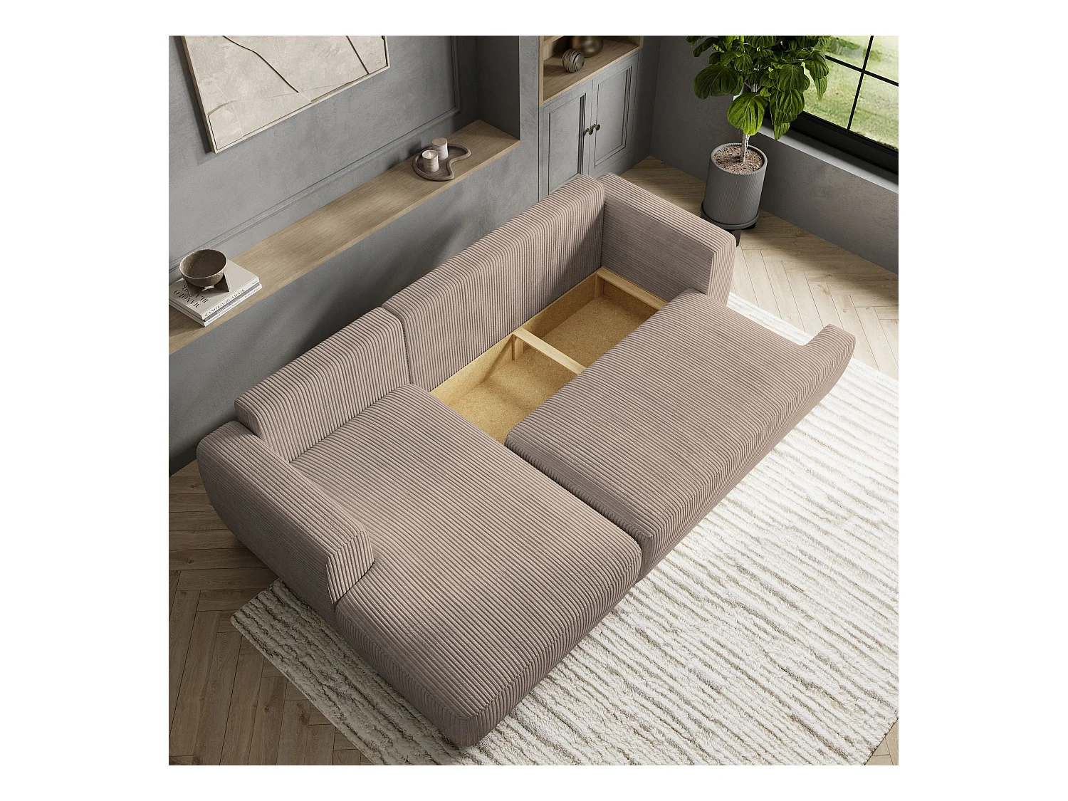 Canapé d'angle SENTI Marron en velours côtelé avec fonction de couchage