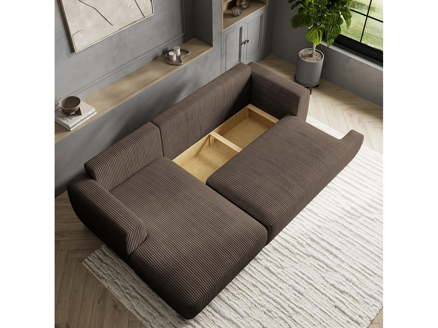 Canapé d'angle SENTI Marron en velours côtelé avec fonction de couchage