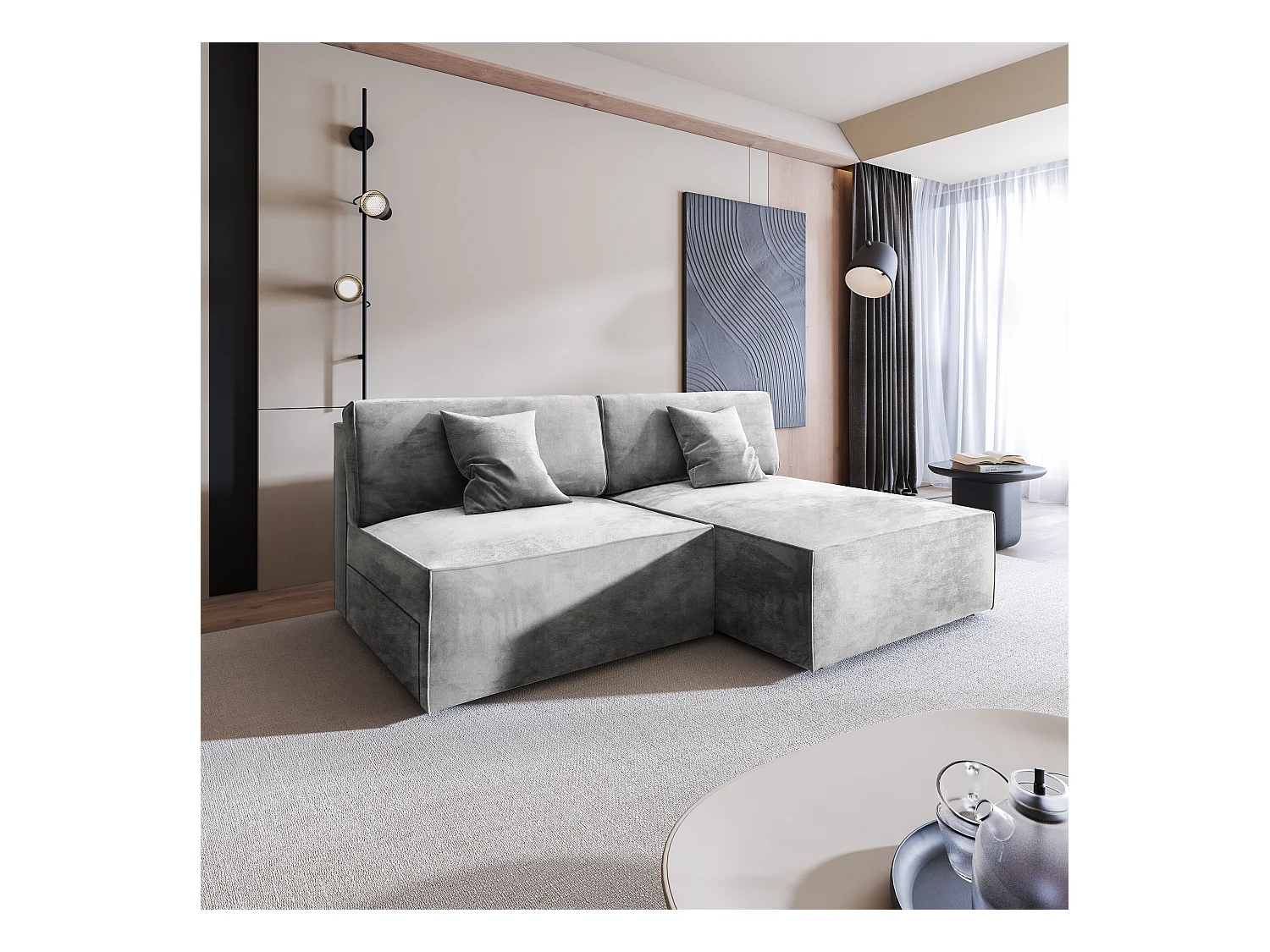 Canapé d'angle FIORO Gris clair en velours avec fonction de couchage