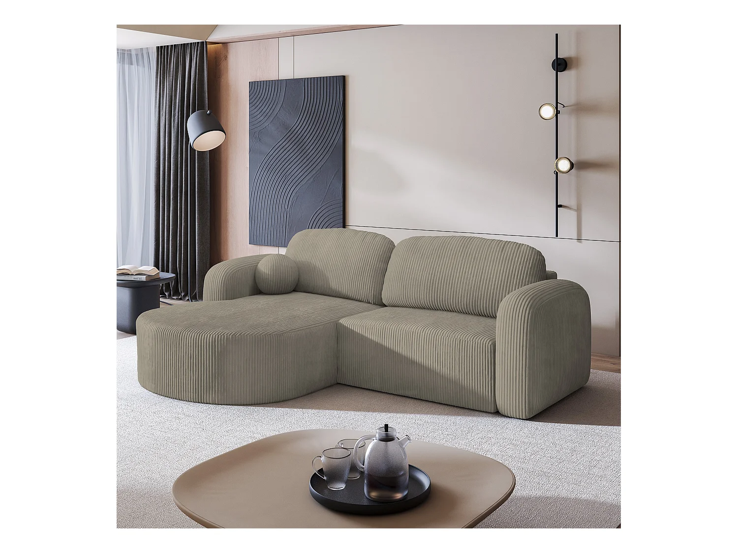 Canapé d'angle AMILIA Beige en velours côtelé avec fonction de couchage