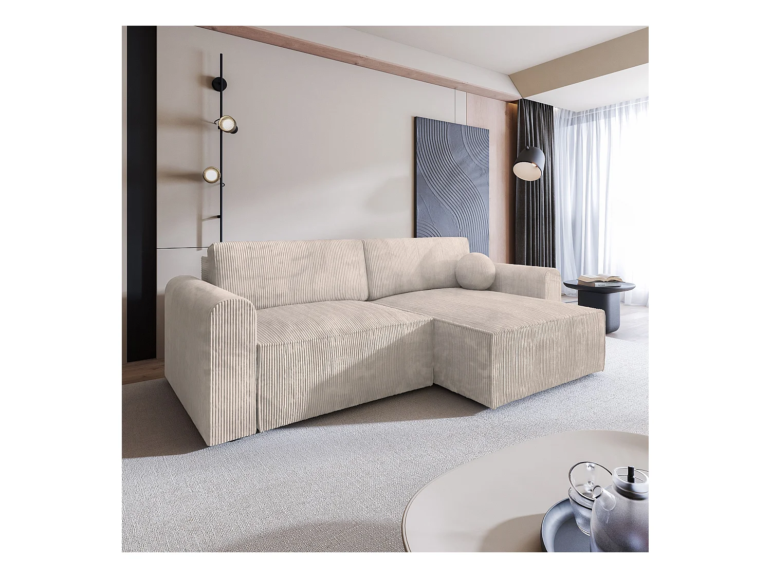 Canapé d'angle FIANO Crème en velours côtelé avec fonction de couchage