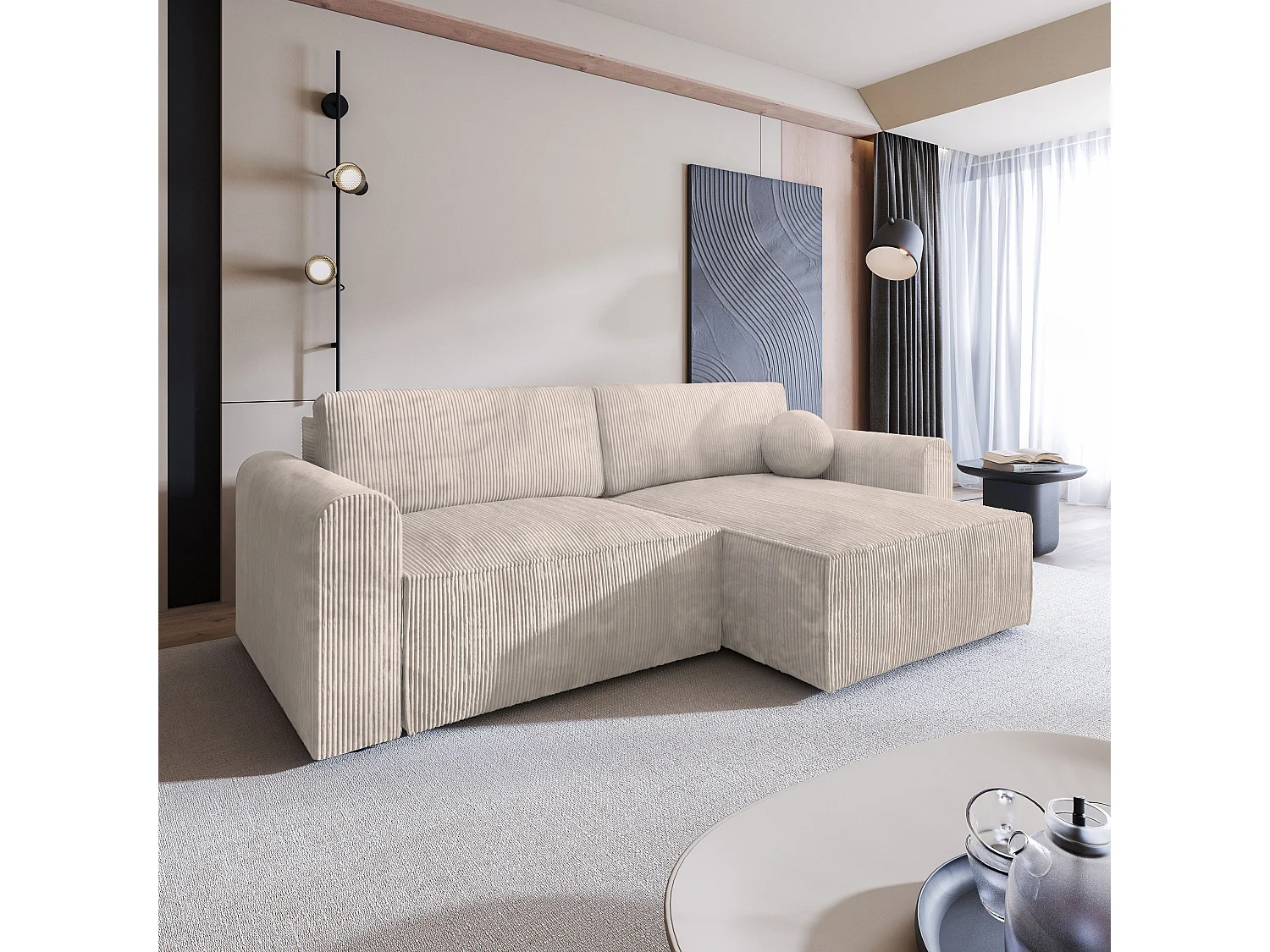 Canapé d'angle FIANO Crème en velours côtelé avec fonction de couchage