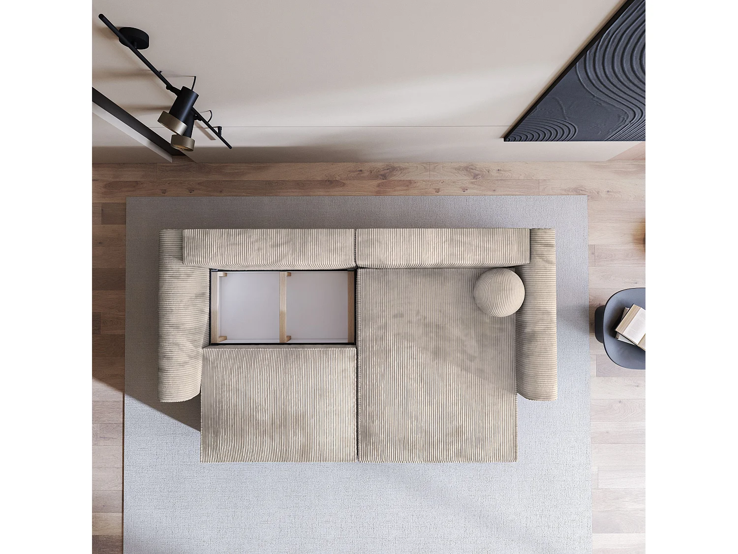 Canapé d'angle FIANO Crème en velours côtelé avec fonction de couchage