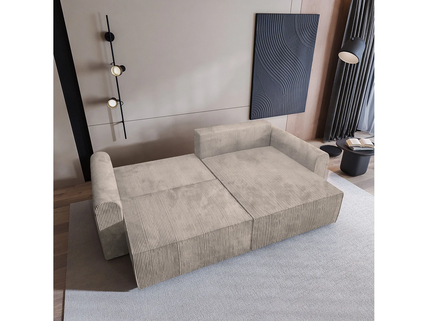 Canapé d'angle FIANO Crème en velours côtelé avec fonction de couchage