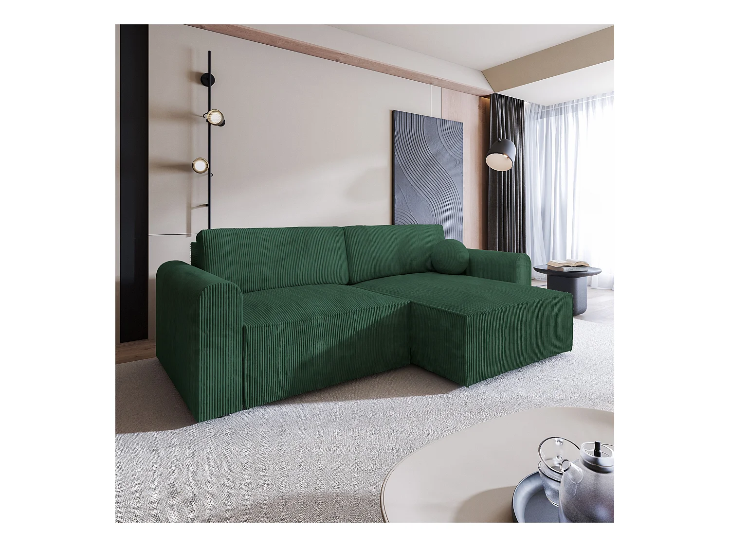 Canapé d'angle FIANO Vert Sapin en velours côtelé avec fonction de couchage