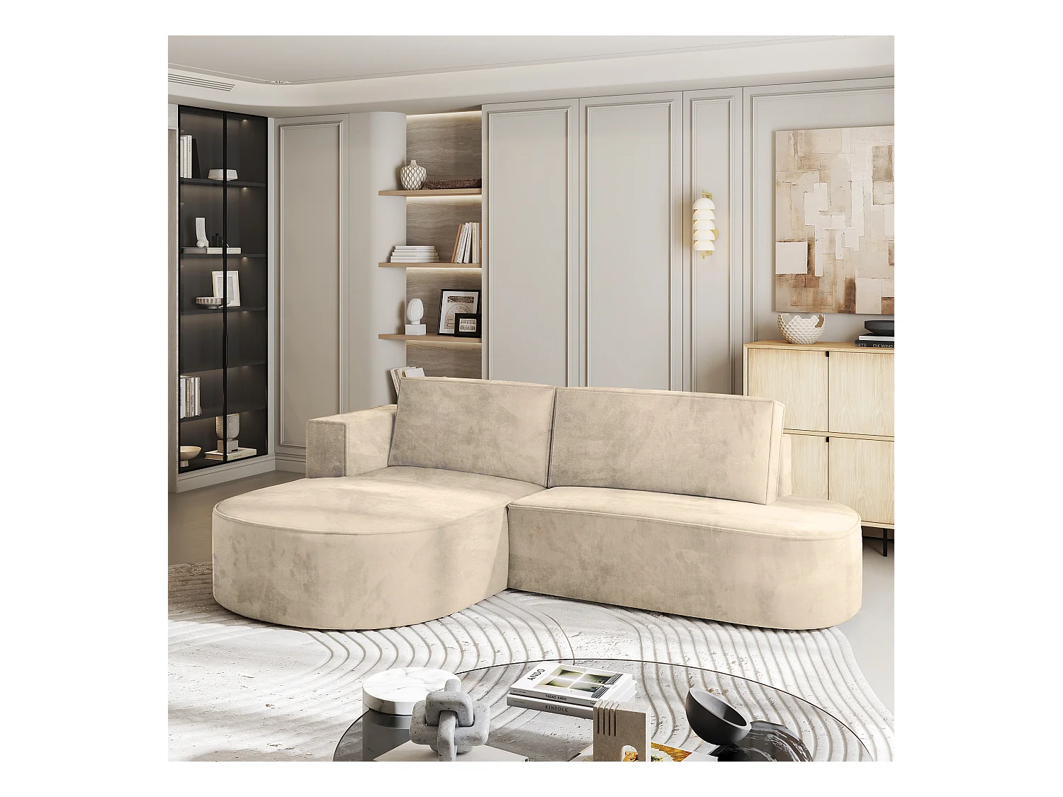 Canapé d'angle CORTIO Crème en velours avec fonction de couchage