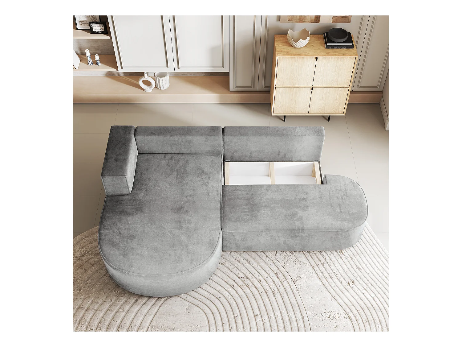 Canapé d'angle CORTIO Crème en velours avec fonction de couchage