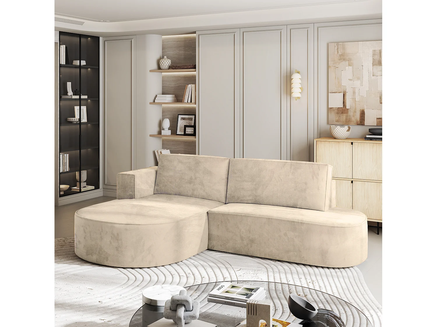 Canapé d'angle CORTIO Crème en velours avec fonction de couchage