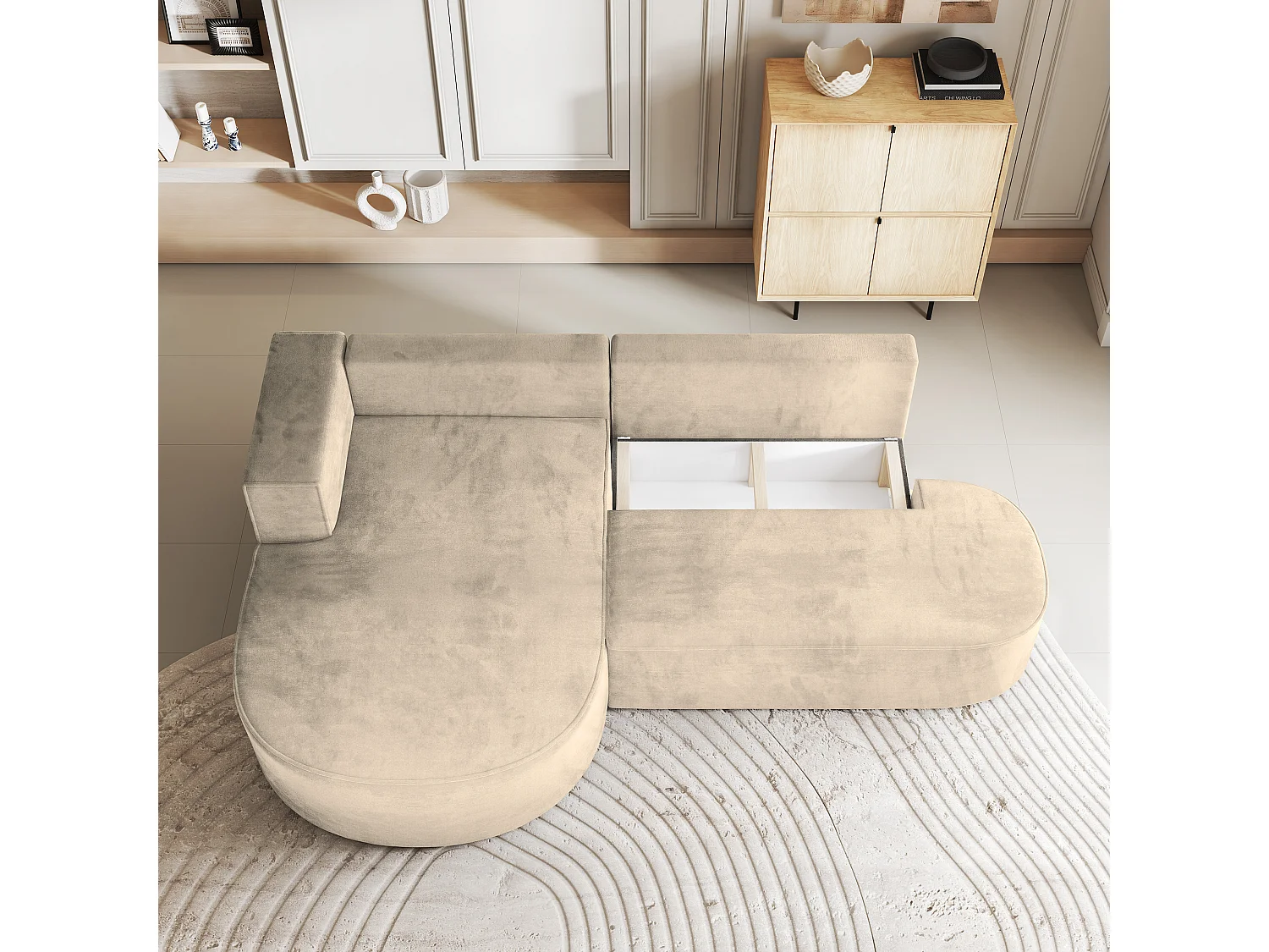 Canapé d'angle CORTIO Crème en velours avec fonction de couchage