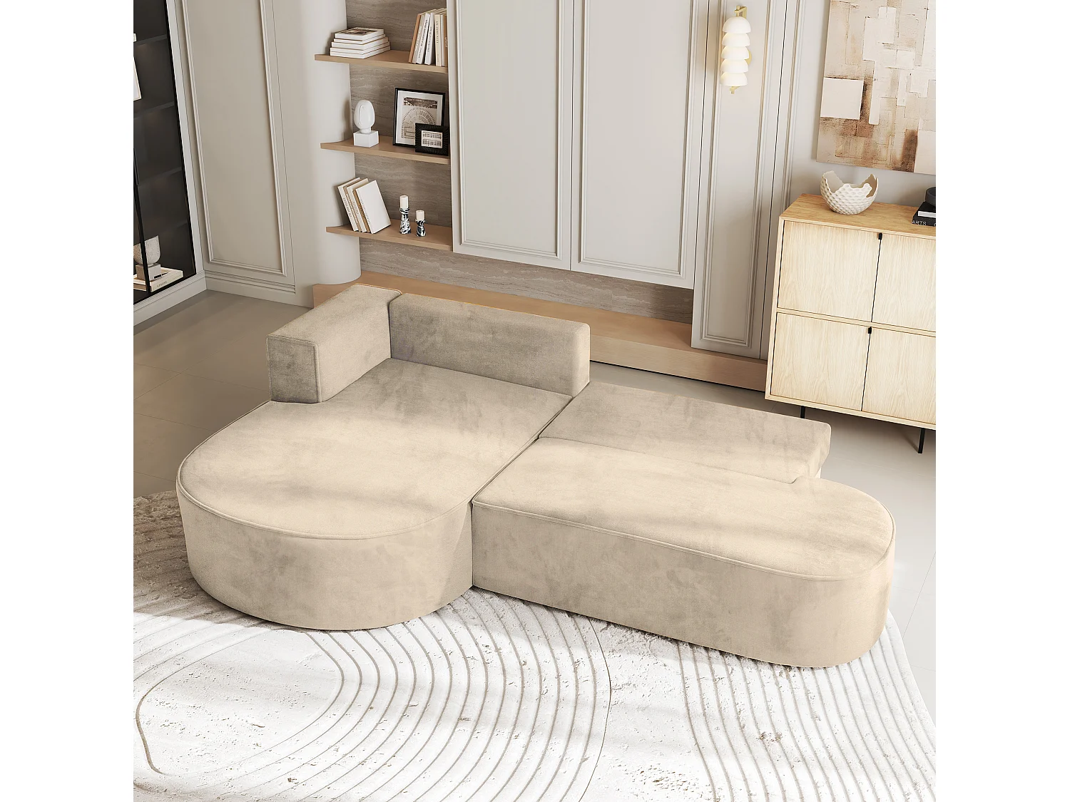 Canapé d'angle CORTIO Crème en velours avec fonction de couchage