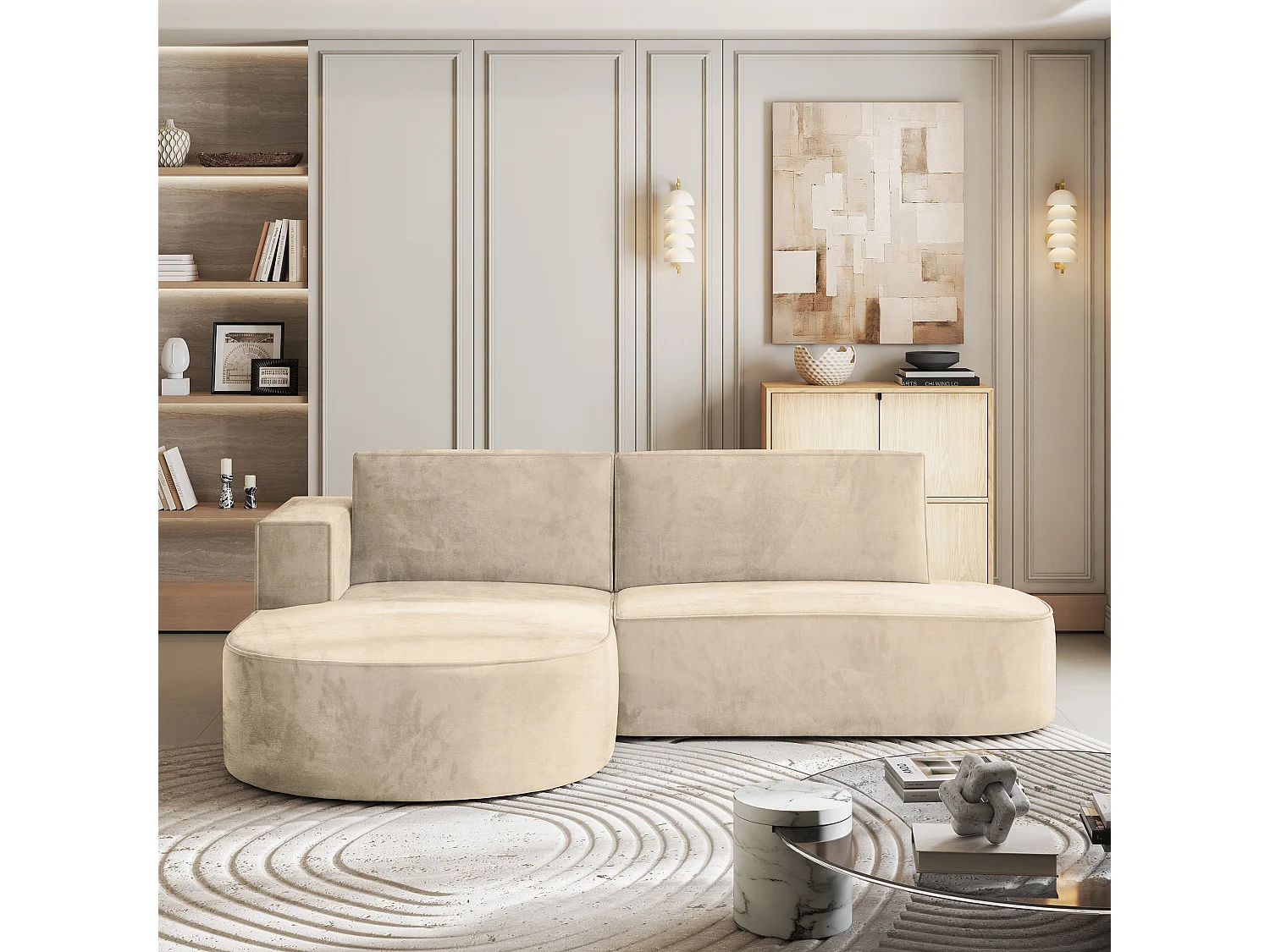 Canapé d'angle CORTIO Crème en velours avec fonction de couchage