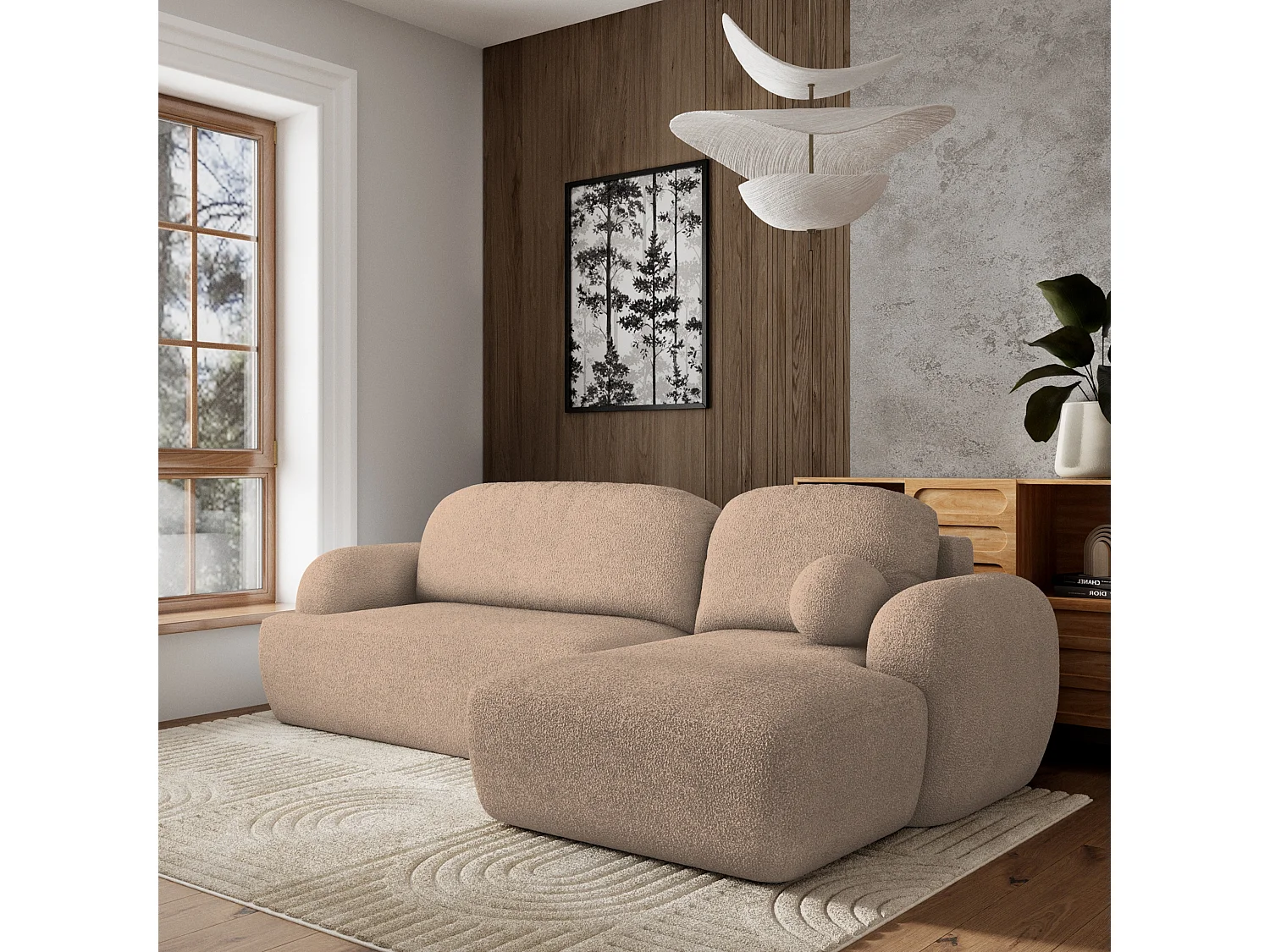 Canapé d'angle MODENZA Beige en bouclé avec fonction de couchage