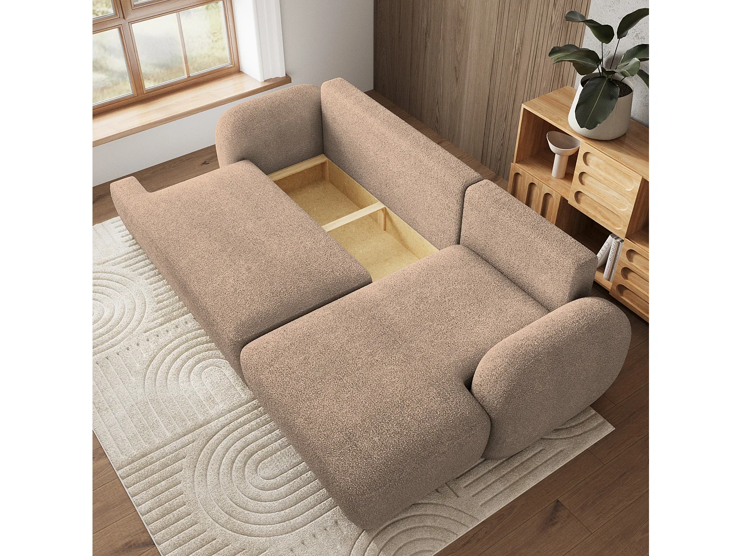 Canapé d'angle MODENZA Beige en bouclé avec fonction de couchage