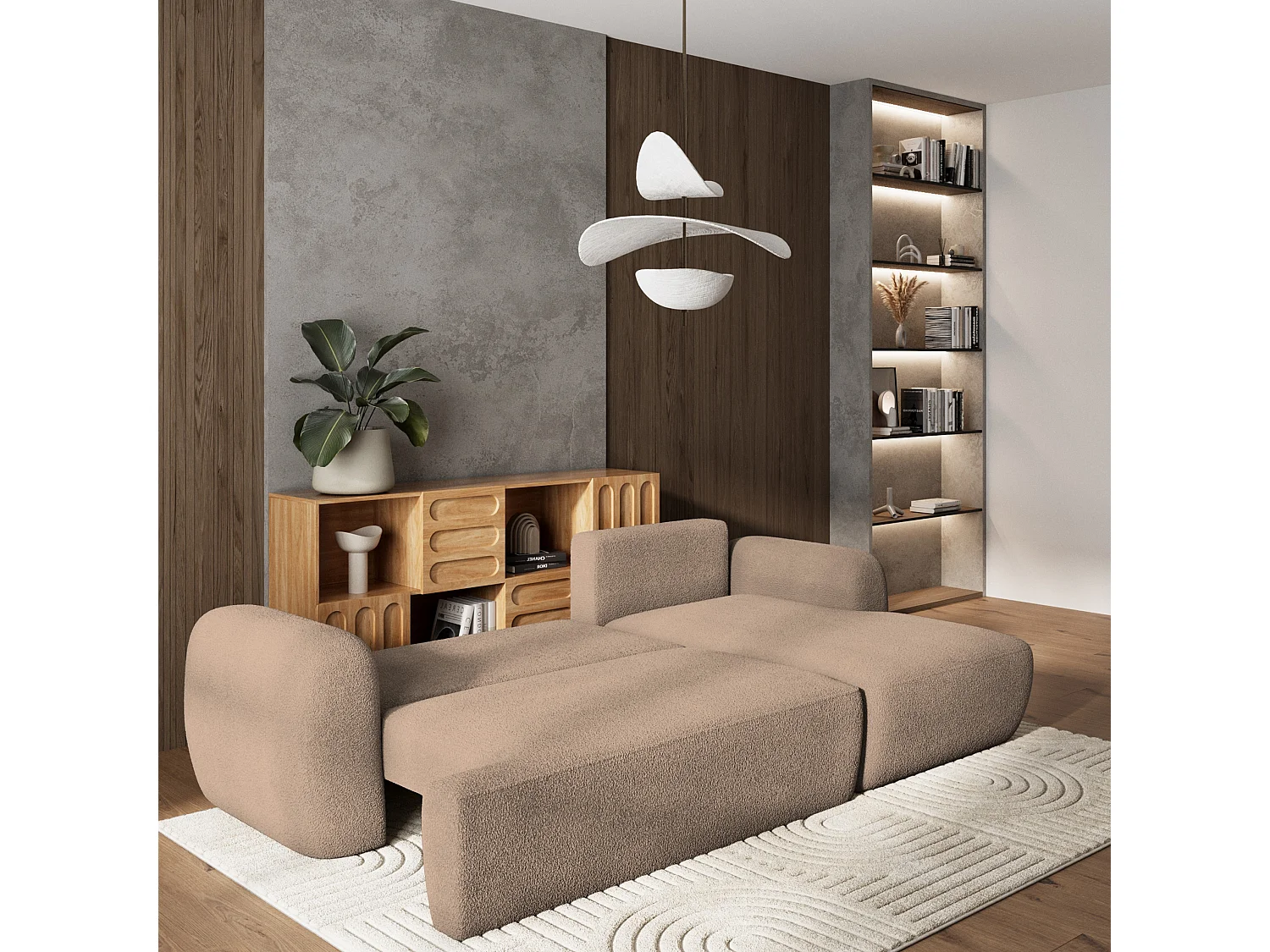 Canapé d'angle MODENZA Beige en bouclé avec fonction de couchage
