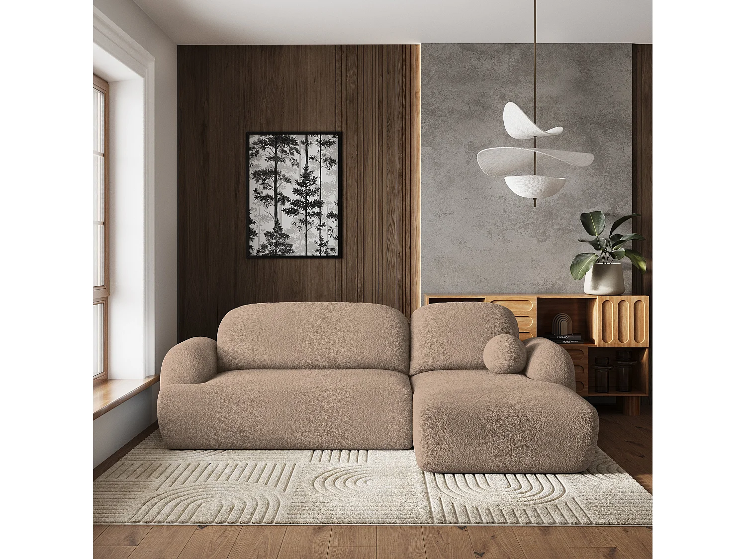 Canapé d'angle MODENZA Beige en bouclé avec fonction de couchage