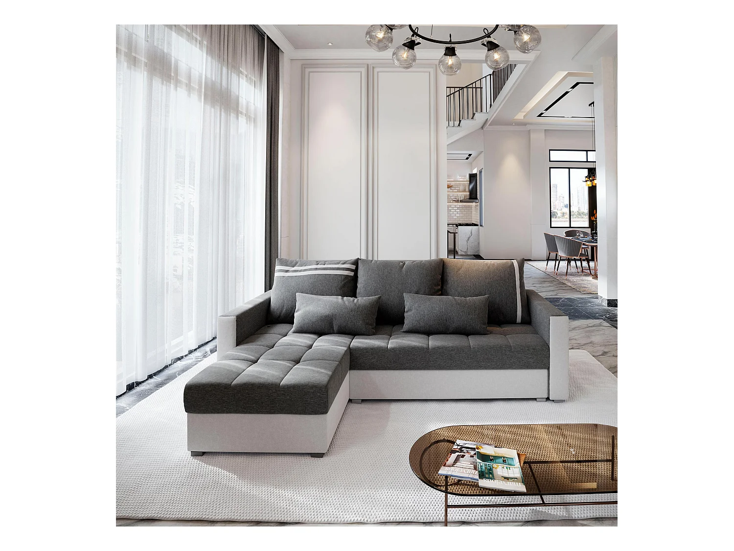 Canapé d'angle KOS PIK Gris clair en tissu texturé avec fonction de couchage