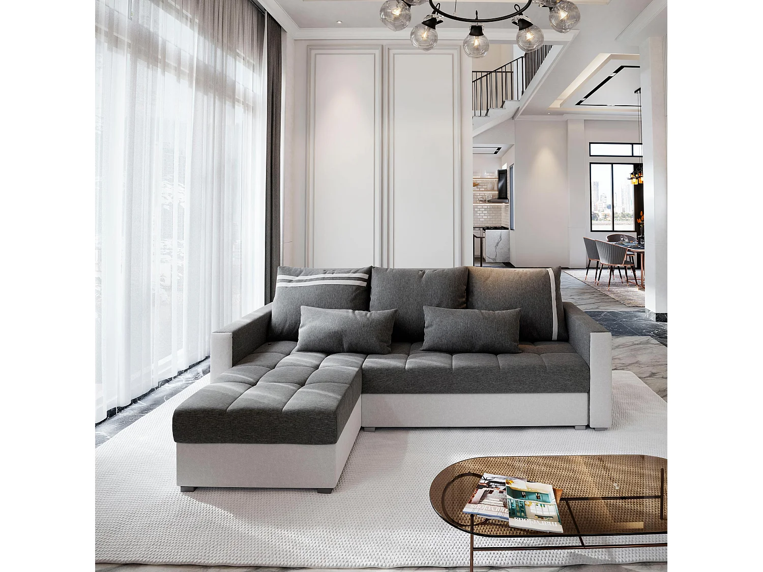 Canapé d'angle KOS PIK Gris clair en tissu texturé avec fonction de couchage