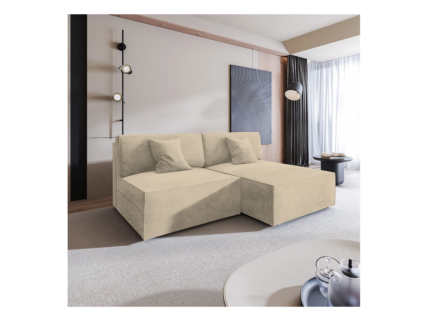 Canapé d'angle FIORO Crème en velours avec fonction de couchage