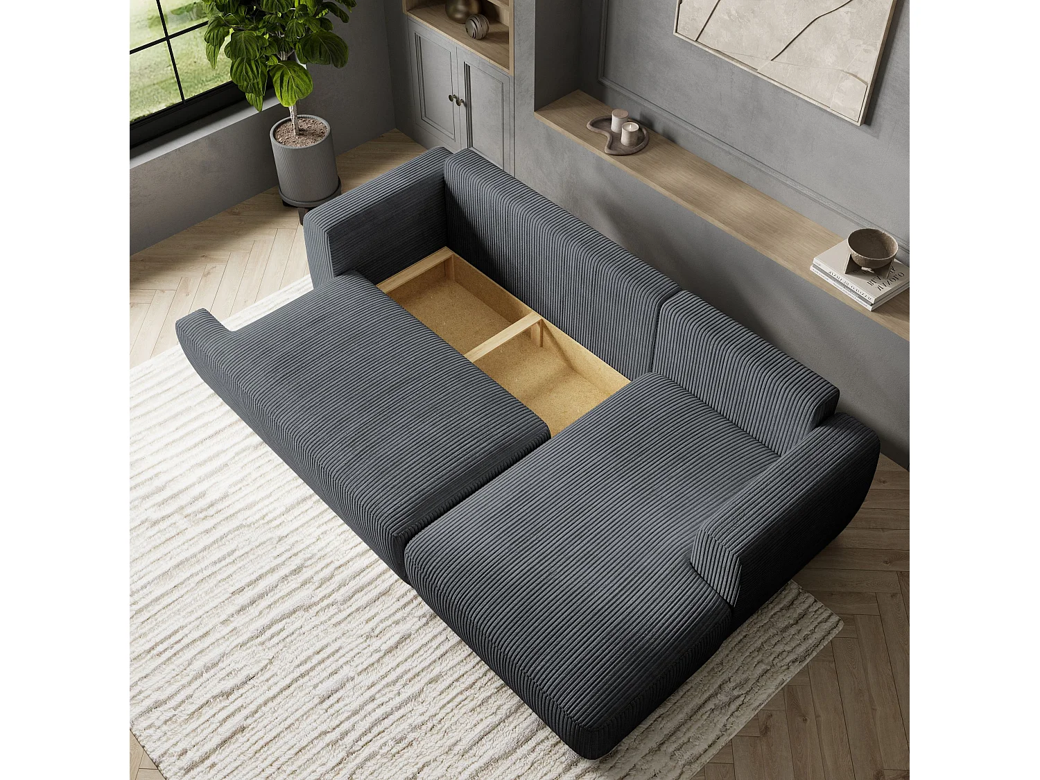 Canapé d'angle SENTI Gris en velours côtelé avec fonction de couchage