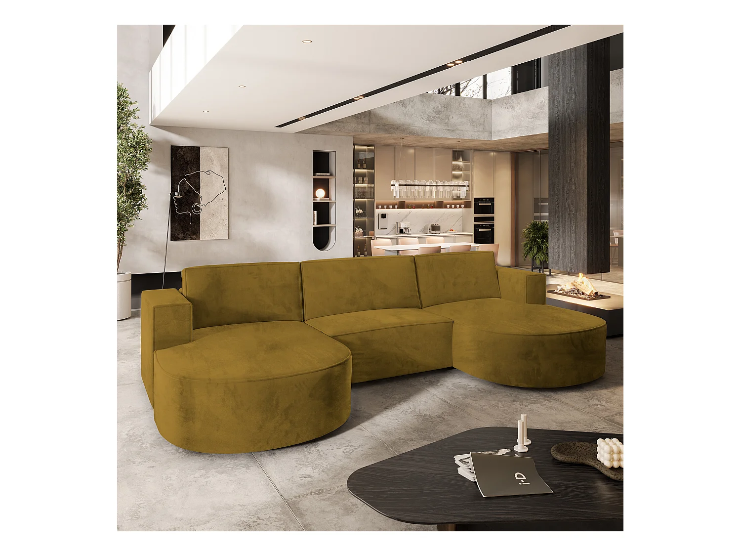 Canapé d'angle VEZZO Jaune en velours avec fonction de couchage