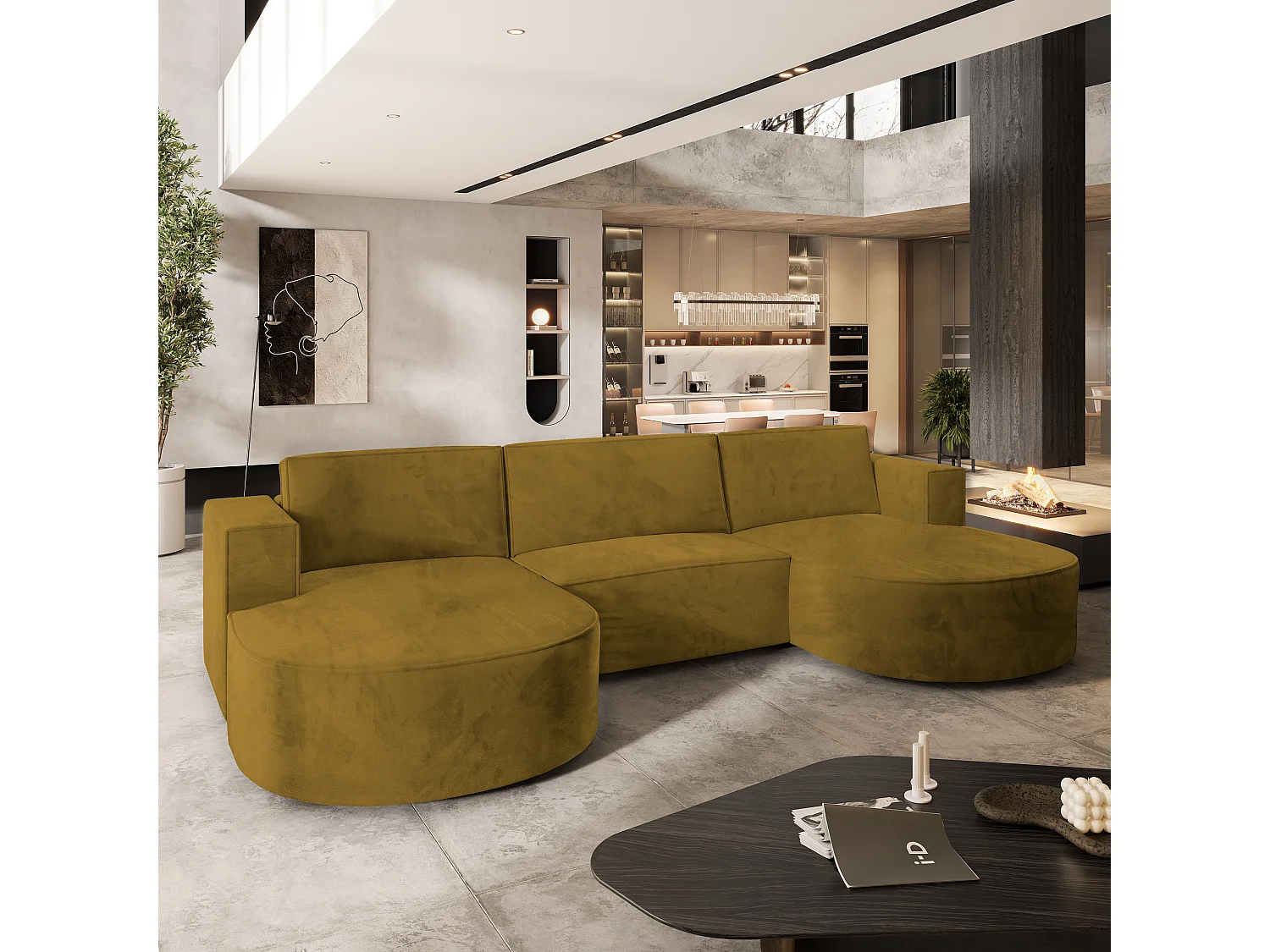 Canapé d'angle VEZZO Jaune en velours avec fonction de couchage