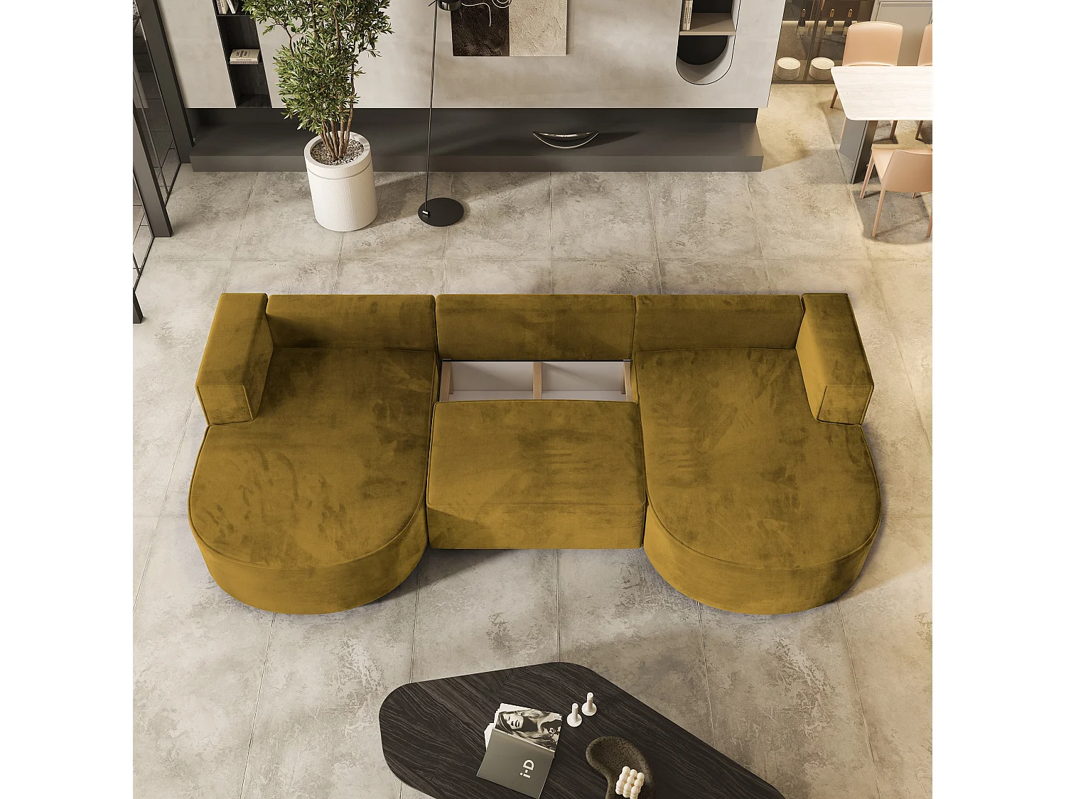 Canapé d'angle VEZZO Jaune en velours avec fonction de couchage