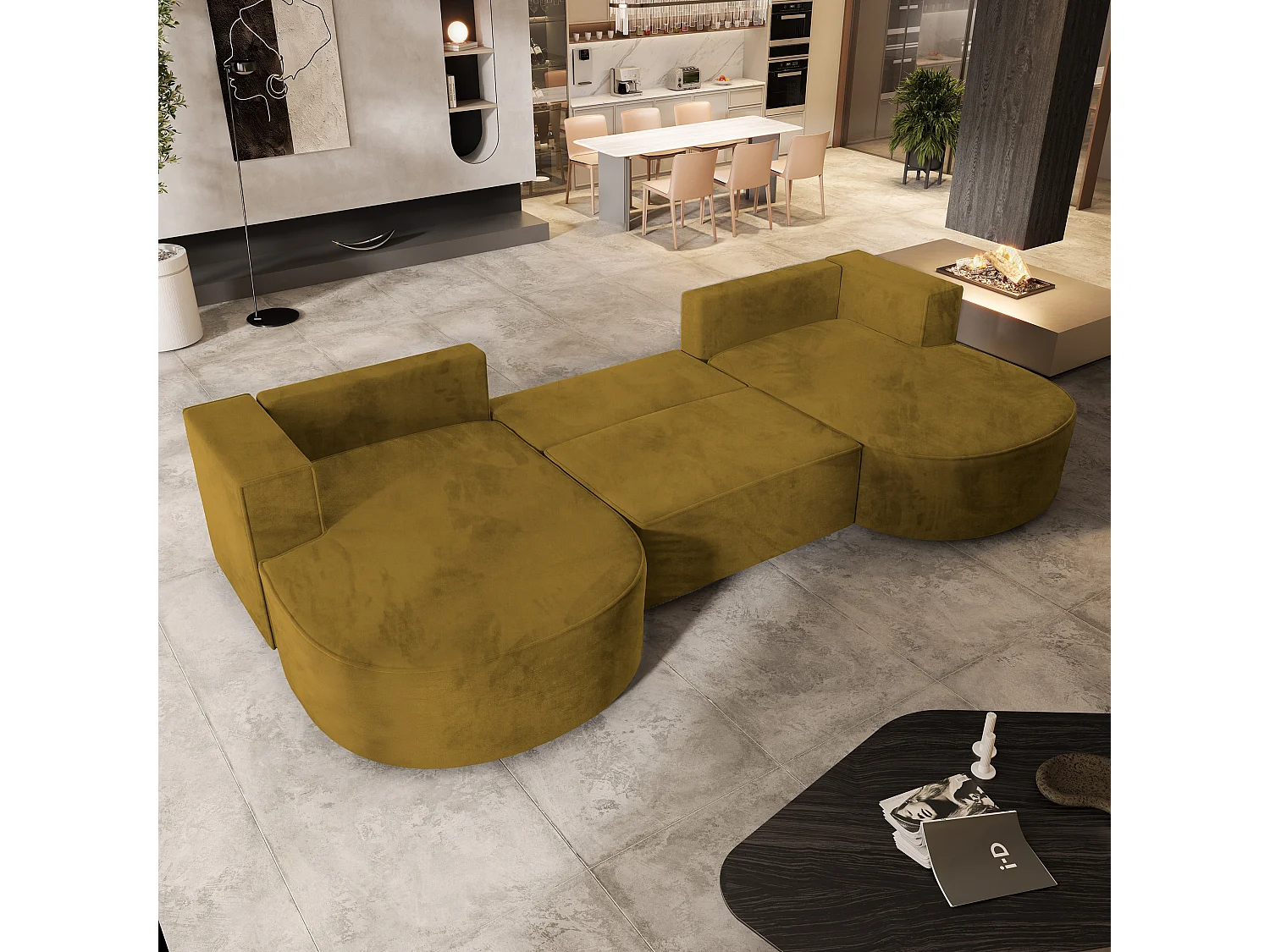 Canapé d'angle VEZZO Jaune en velours avec fonction de couchage