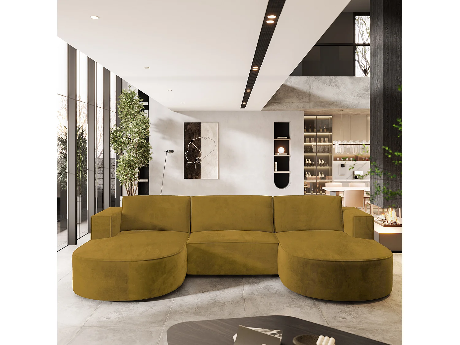 Canapé d'angle VEZZO Jaune en velours avec fonction de couchage