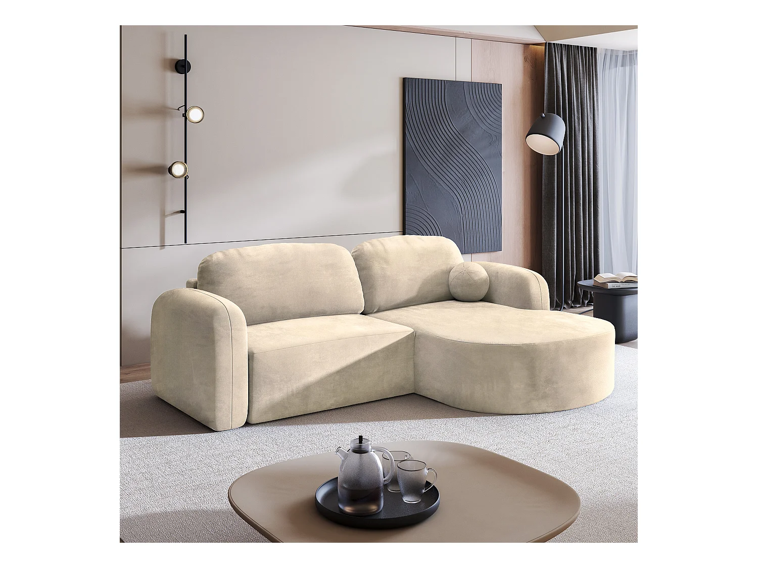 Canapé d'angle AMILIA Crème en velours avec fonction de couchage