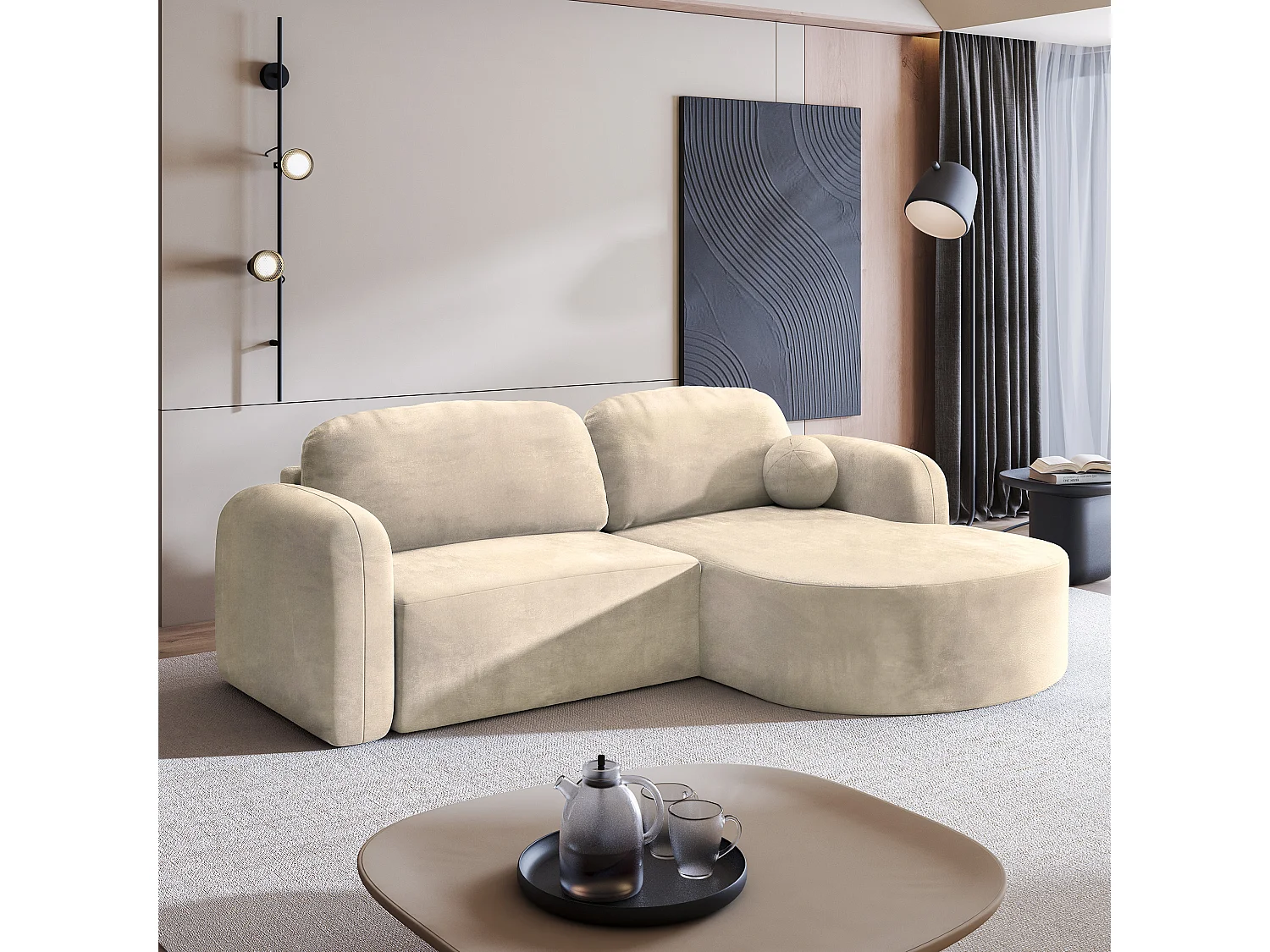 Canapé d'angle AMILIA Crème en velours avec fonction de couchage