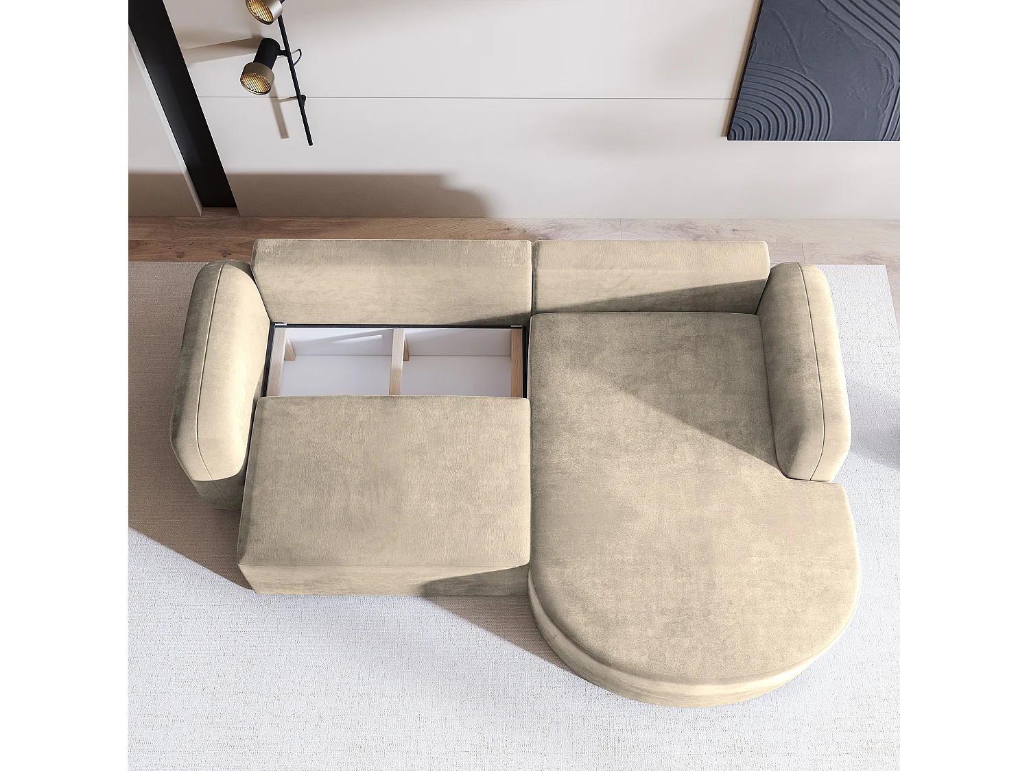 Canapé d'angle AMILIA Crème en velours avec fonction de couchage