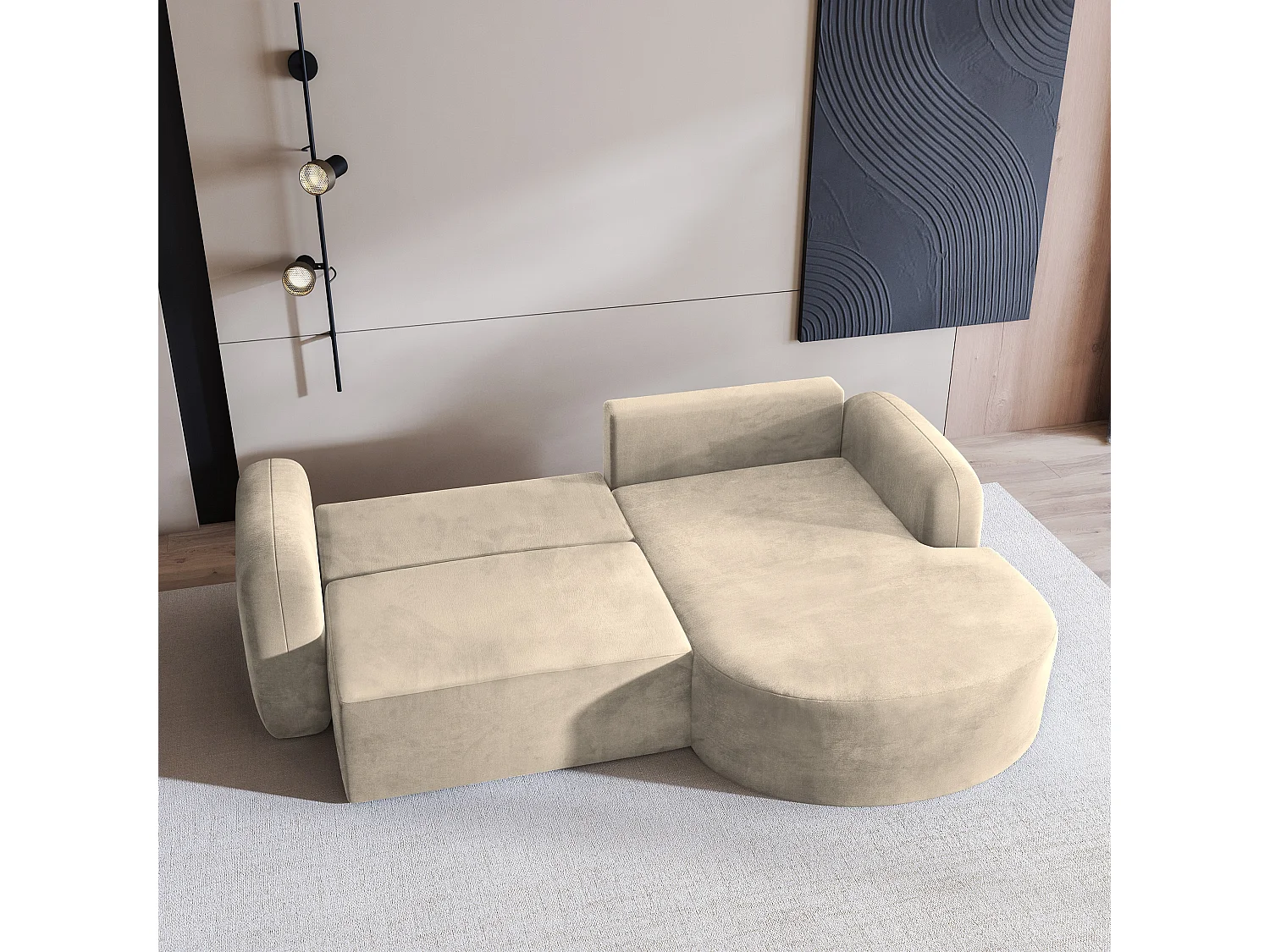 Canapé d'angle AMILIA Crème en velours avec fonction de couchage