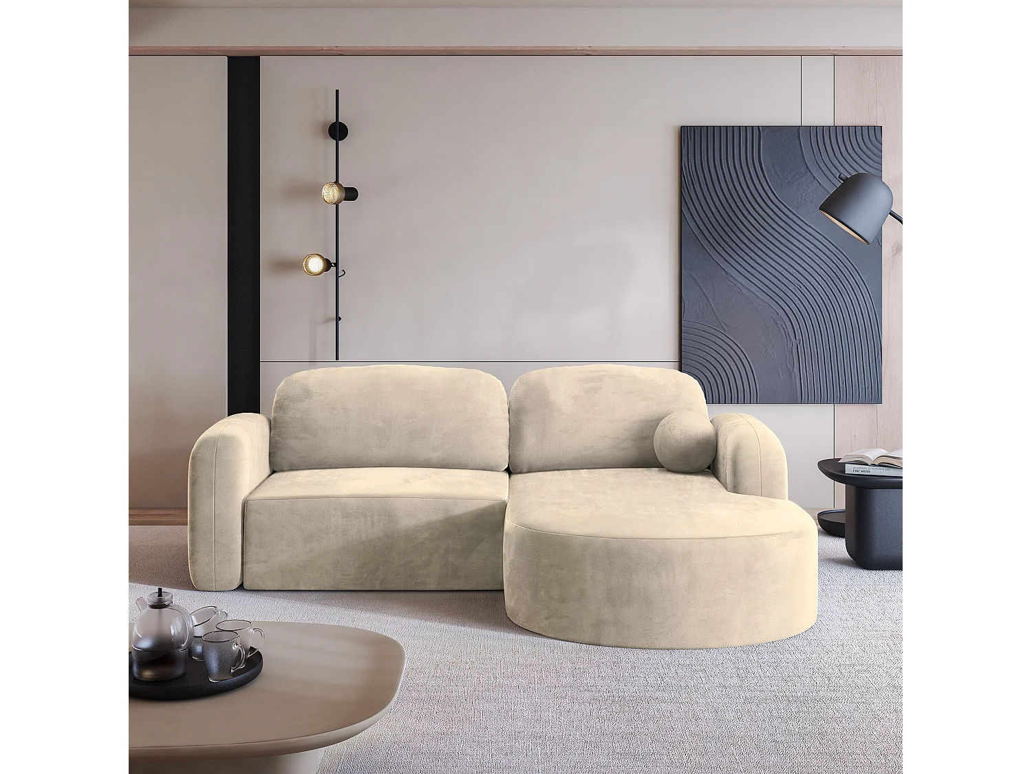 Canapé d'angle AMILIA Crème en velours avec fonction de couchage