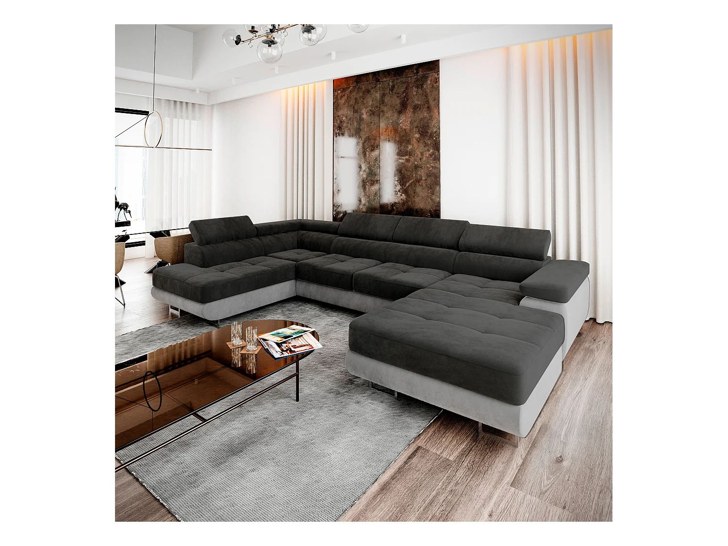 Canapé d'angle CASONE Noir en velours avec fonction de couchage