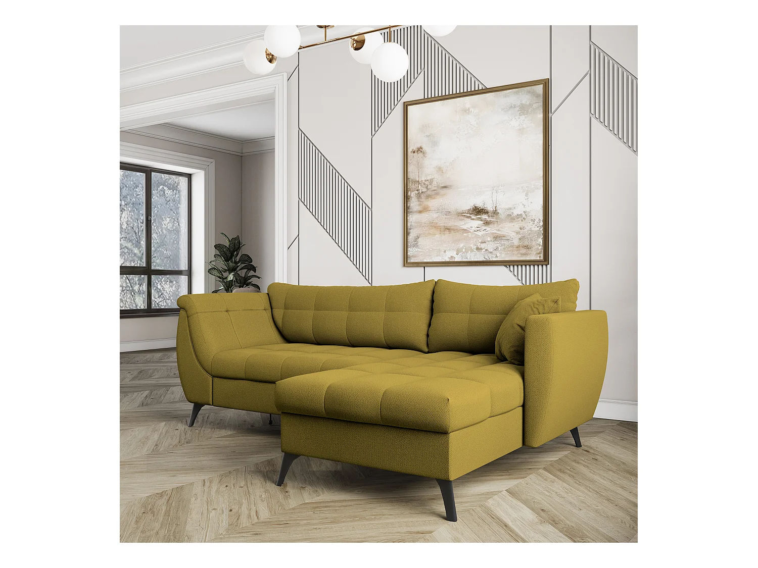 Canapé d'angle MOLLIS Jaune en tissu texturé avec fonction de couchage