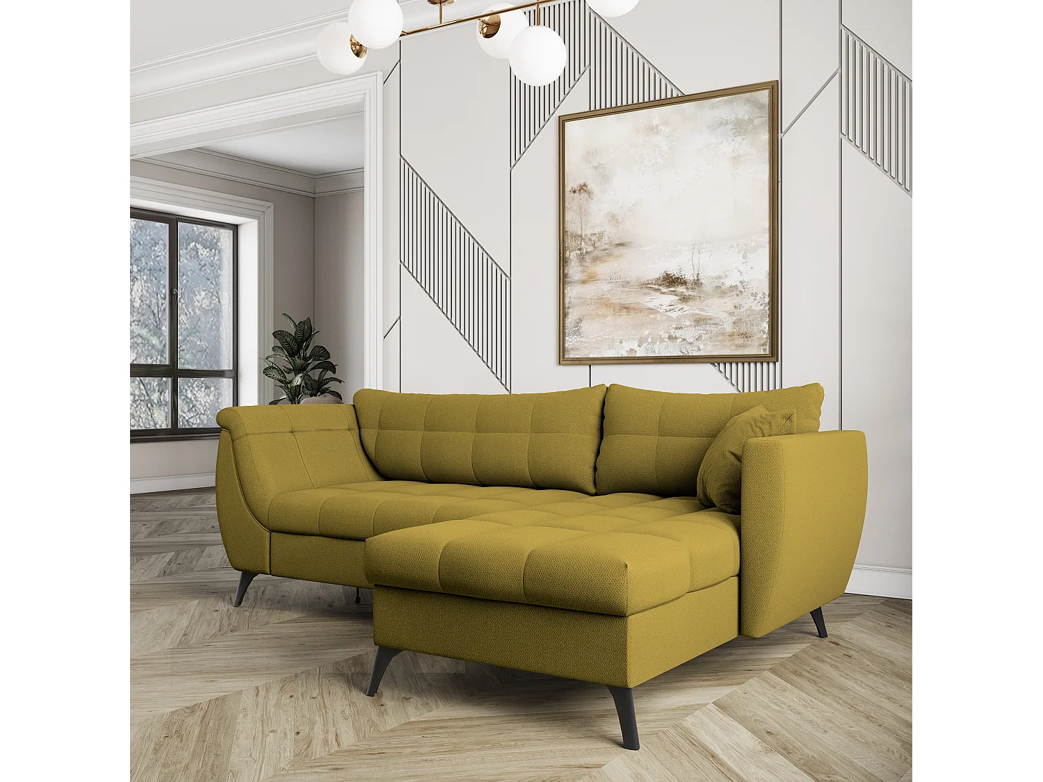 Canapé d'angle MOLLIS Jaune en tissu texturé avec fonction de couchage