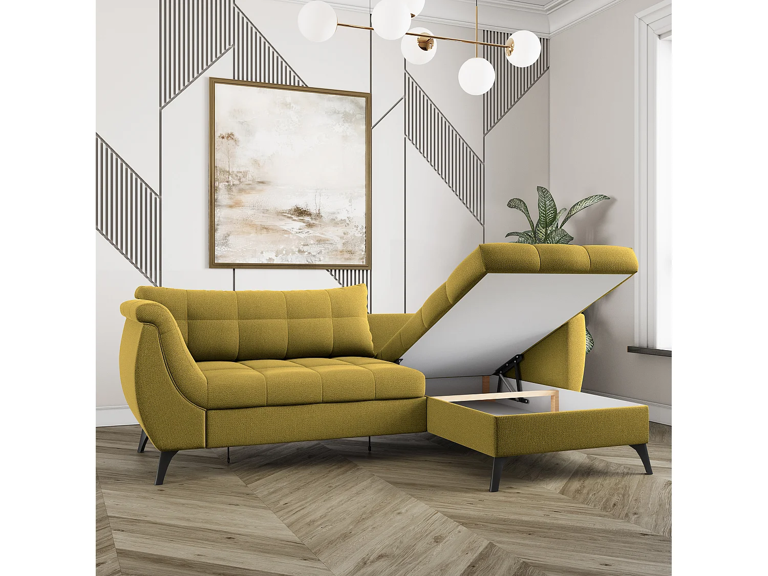 Canapé d'angle MOLLIS Jaune en tissu texturé avec fonction de couchage