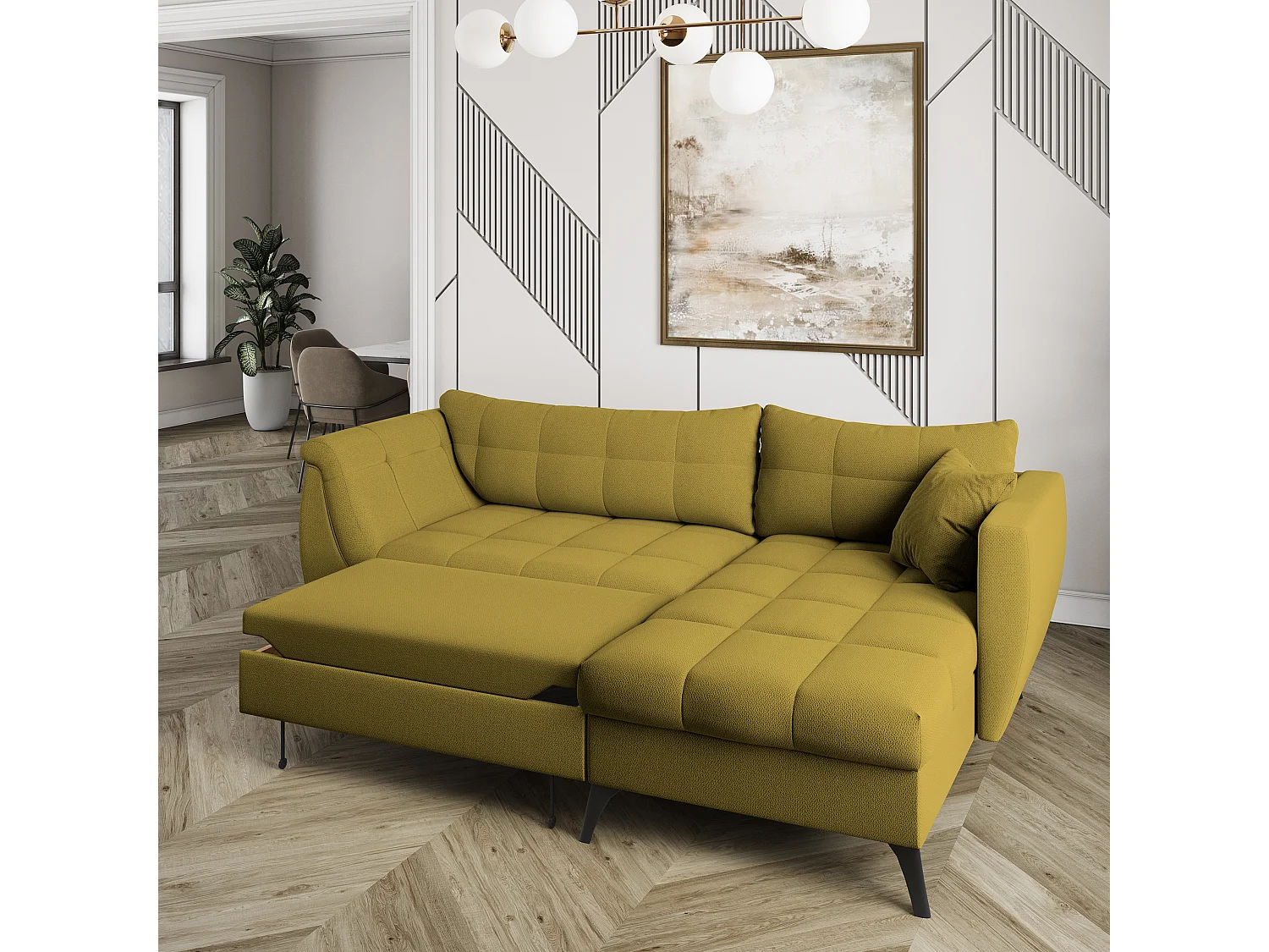Canapé d'angle MOLLIS Jaune en tissu texturé avec fonction de couchage