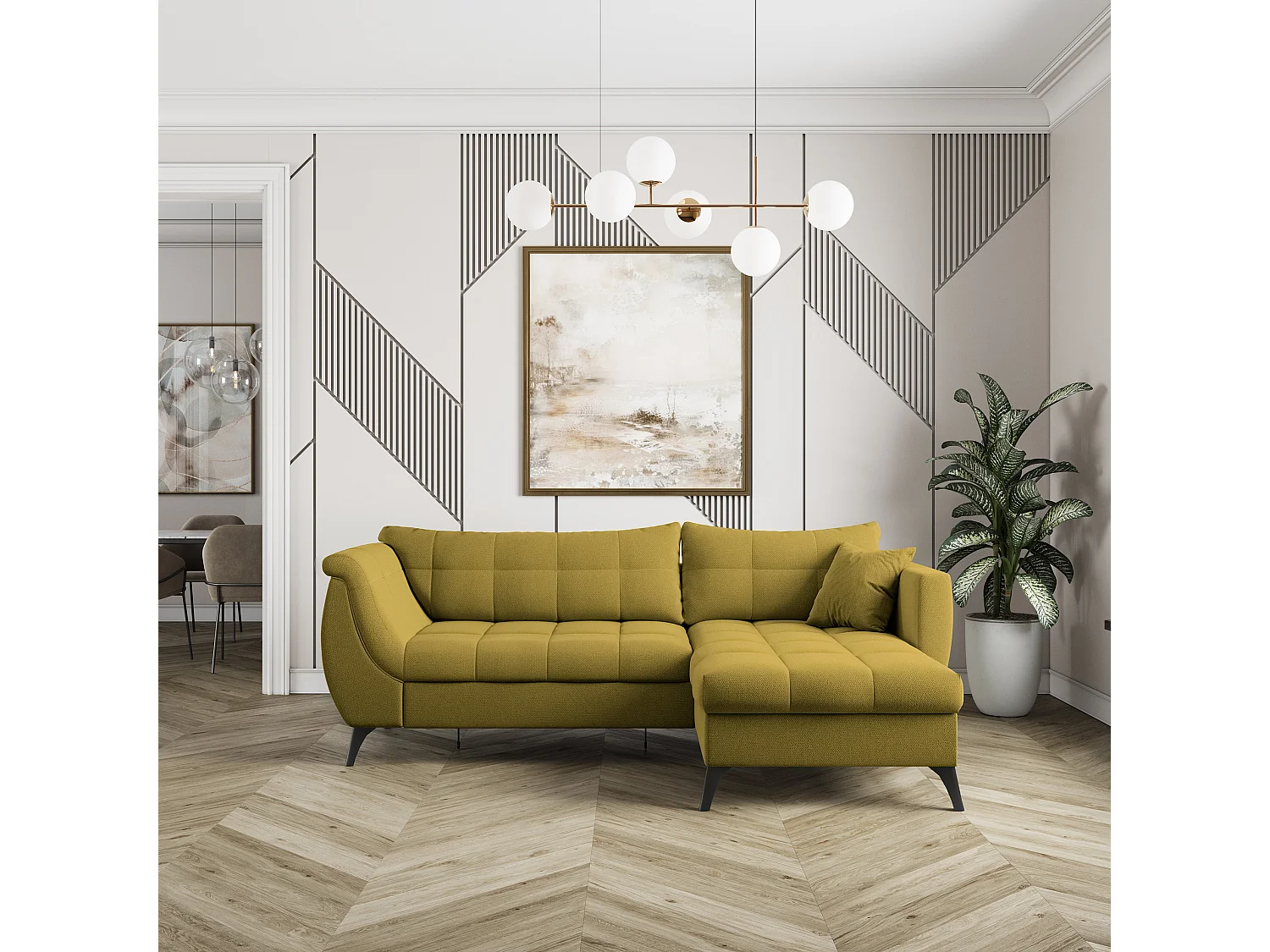 Canapé d'angle MOLLIS Jaune en tissu texturé avec fonction de couchage