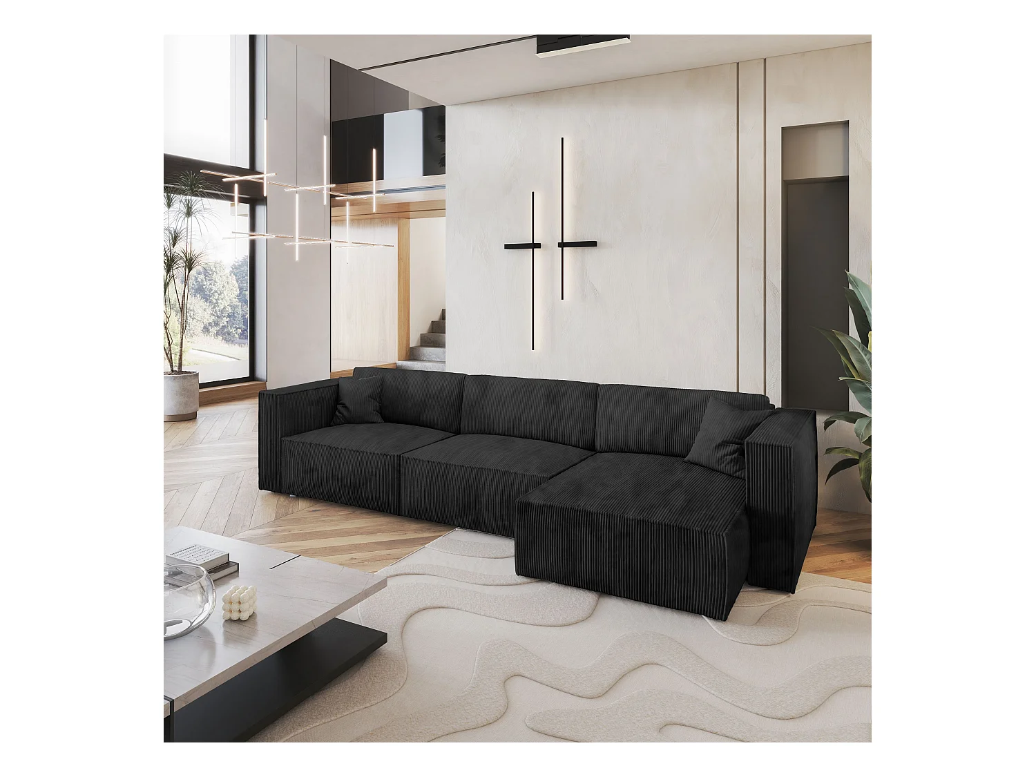 Canapé d'angle TOLMO Noir en velours côtelé avec fonction de couchage