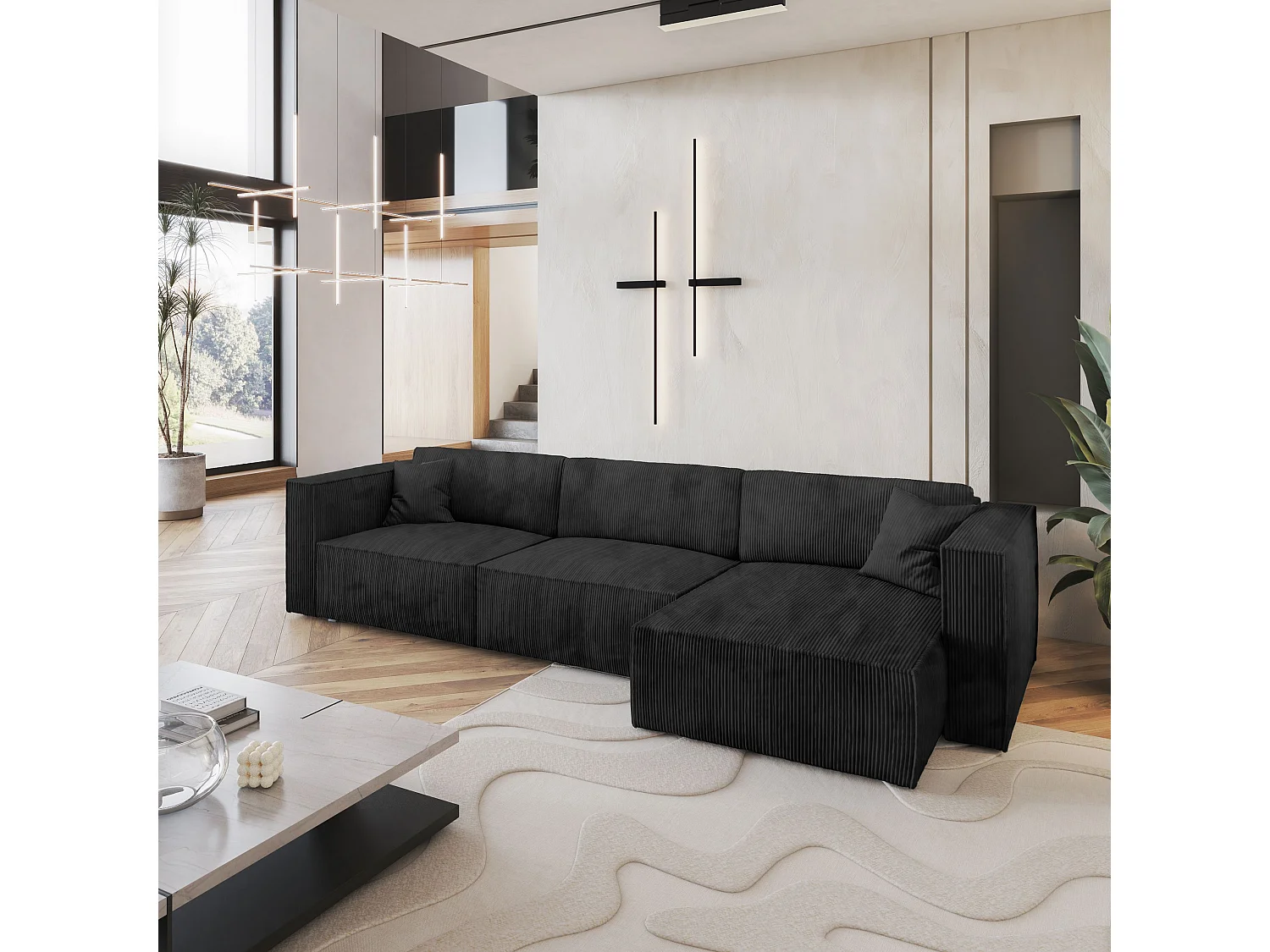 Canapé d'angle TOLMO Noir en velours côtelé avec fonction de couchage