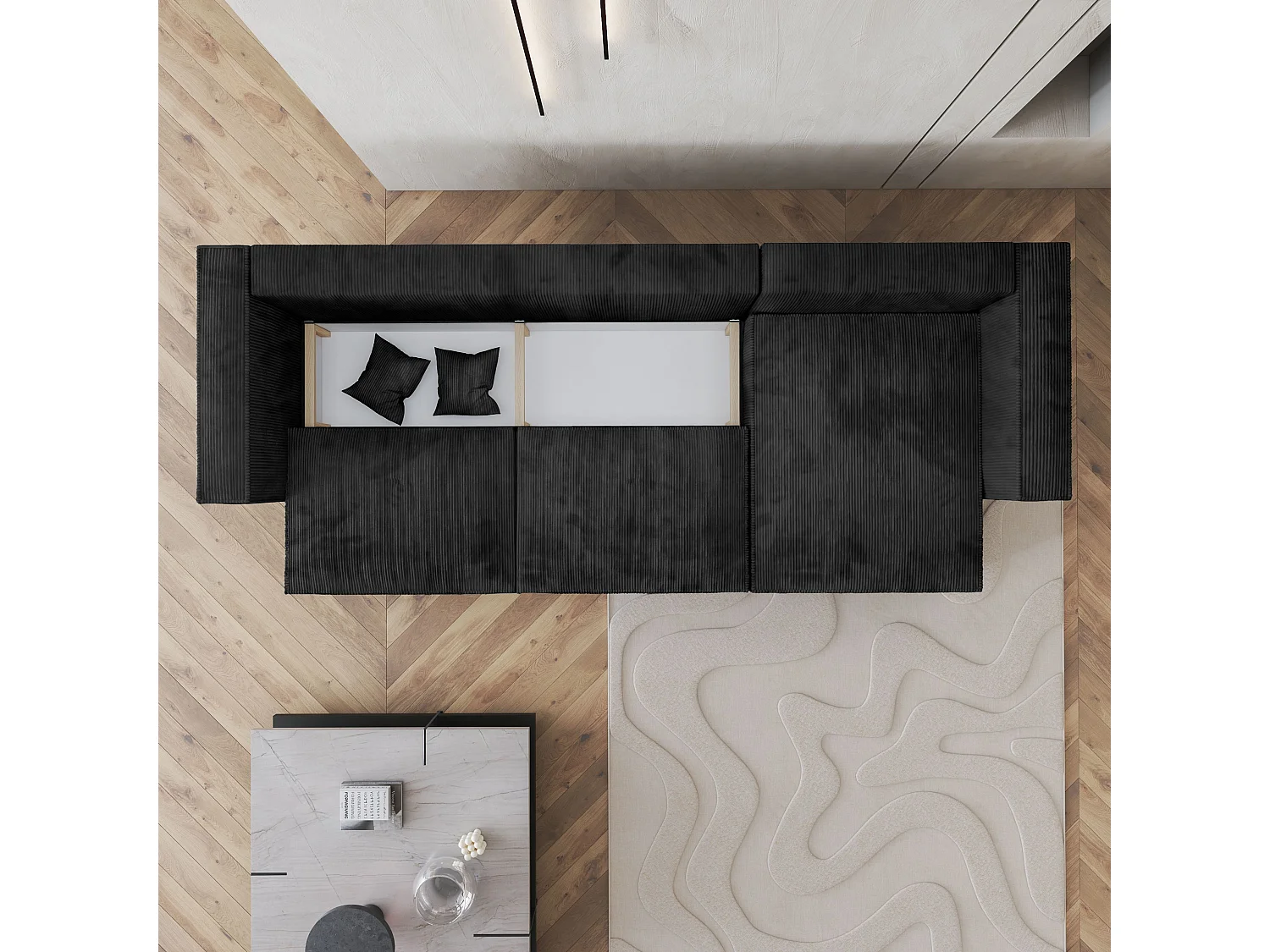 Canapé d'angle TOLMO Noir en velours côtelé avec fonction de couchage